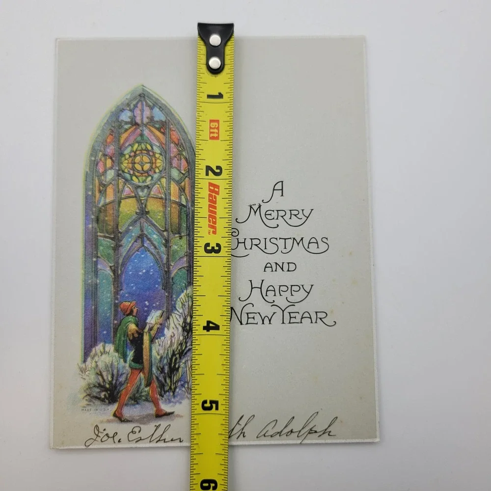 Vintage Merry Christmas Happy‎ New Year Stained Glass Greeting Card